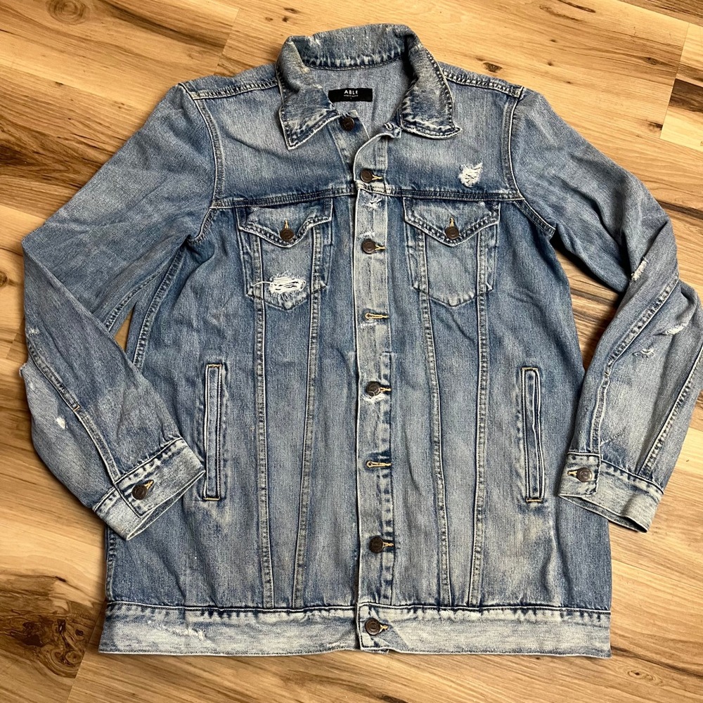 ABLE Denim Jacket Womens Large Blue Distressed Jean Trucker Cotton Lyocell
